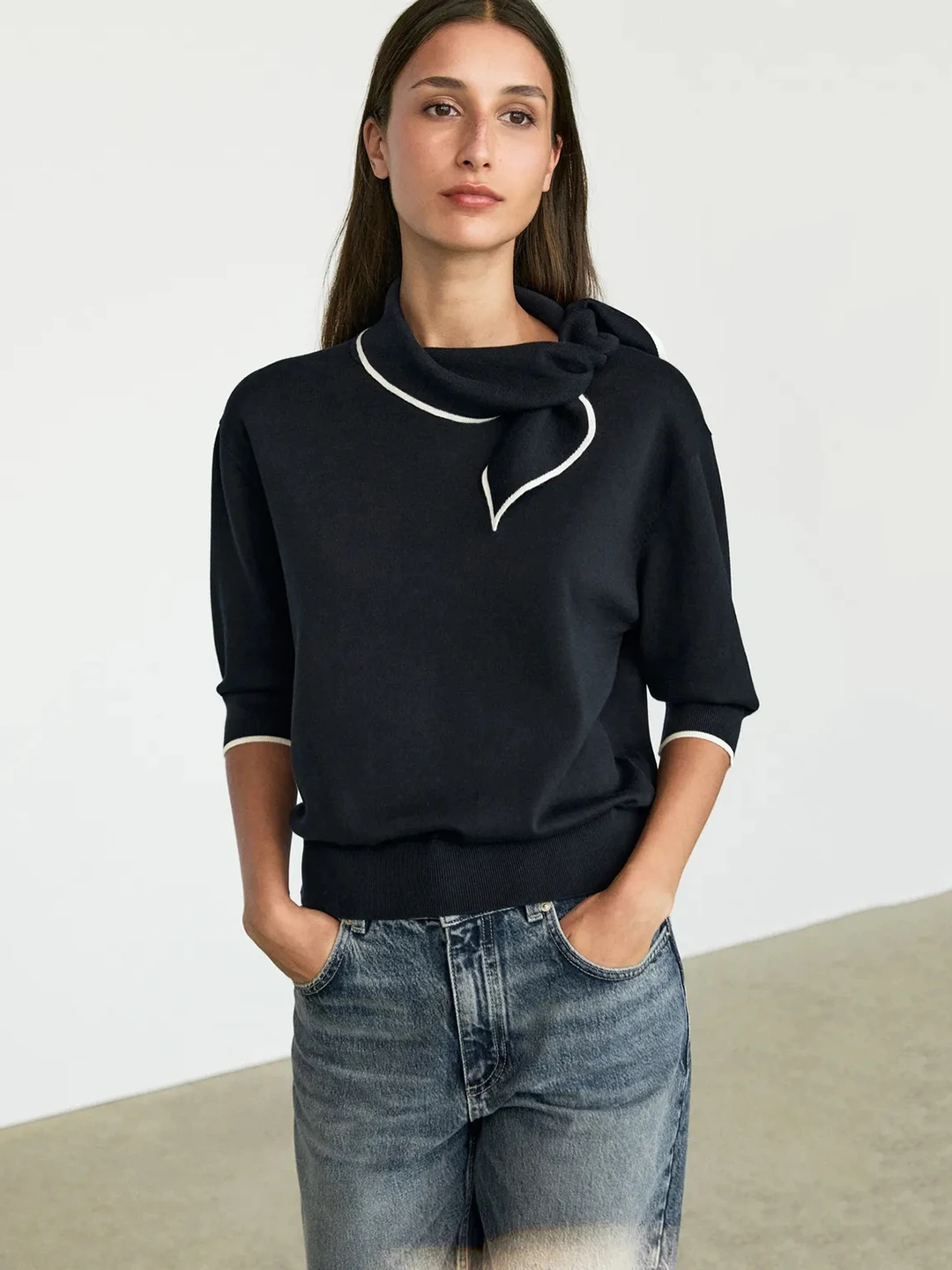 Elegant Knitted Top Women's Summer Fashion Casual Loose Fit Color Block Necktie Detail mid Sleeve Knitwear round Neck