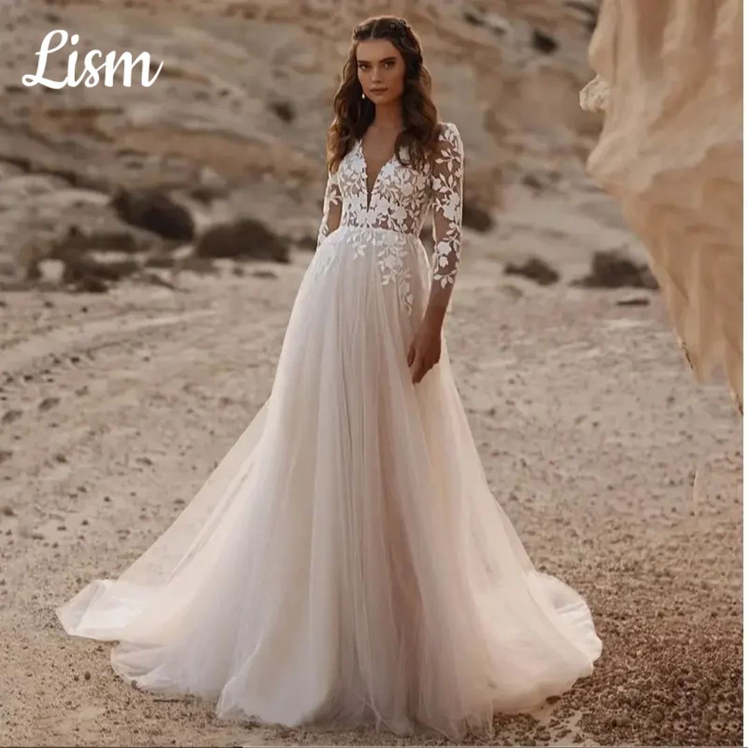 Lism Customize To Measures Elegant Wedding Dresses Deep V-Neck Appliques Illusion Ivory Tulle Sweep Train A-Line Bridal Gown
