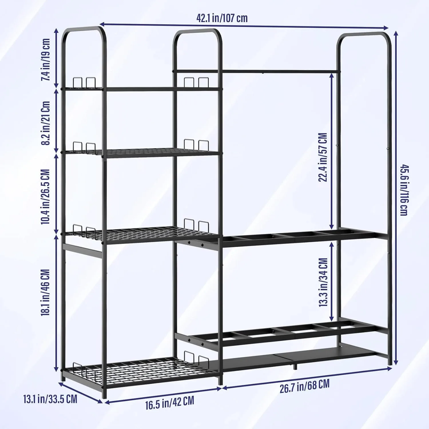 رف التزلج على الجليد المعدني شديد التحمل قائم بذاته - تخزين المرآب مع رف للأحذية والخوذات والإكسسوارات