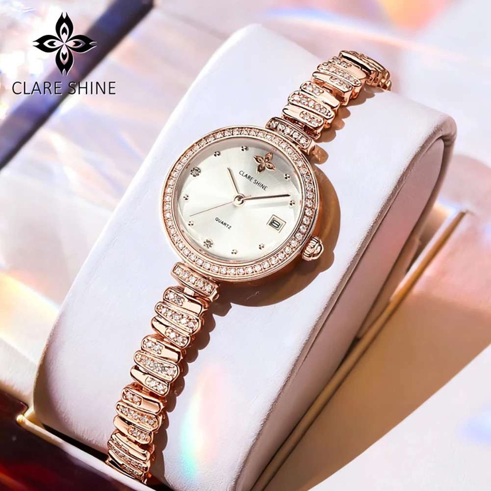 CLARE SHINE Women's Watches Diamond Small Wave Chain Watch Necklace Gifts Box Sets Original Luxury Ladies Quartz Watches 7715