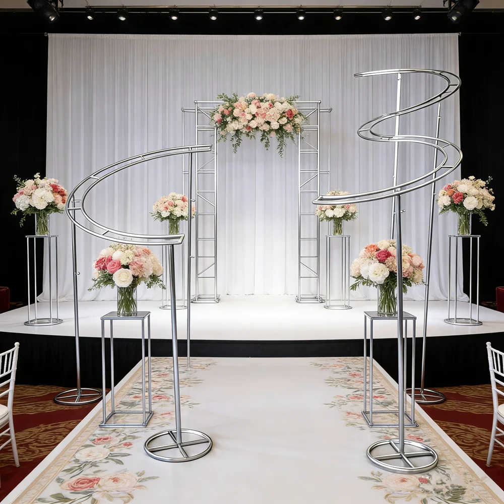 Hochzeitsbühnen-Hintergrund, Blumenbogen, geschwungener Hintergrund, Willkommensrahmen, Requisitenständer, Vorhangband, Spitzenrahmen, eleganter Metallbogen geeignet – Detail 6