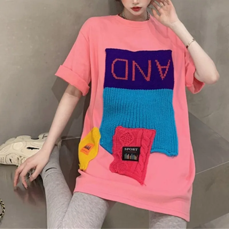 Summer New Korean Minimalist Commute Crew Neck Short Sleeve Patchwork Epaulet Embroidery Letter Midi Loose Women's T-shirts Tops