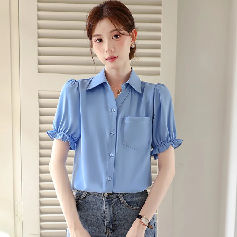 

Satin Women Shirts 2025 New Blue Bubble Sleeve Blouse Korean Popular Clothes Fashion Women's Elegant Blouses Sweet Ladies' Tops