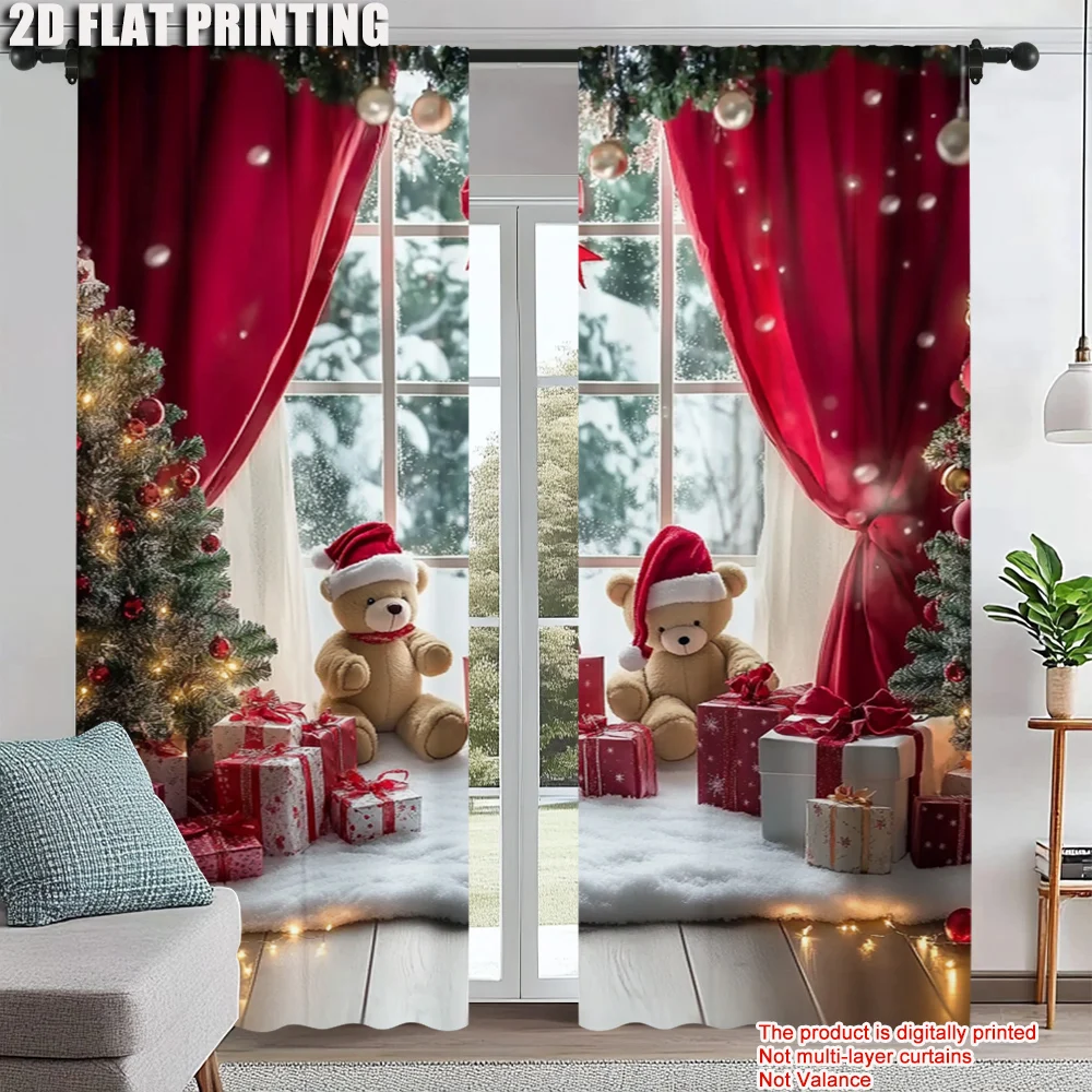 

2Pcs Christmas Themed Window Curtains Gift Box And Bear Design Polyester Material Drapes For Bedroom Living Room Office Decor