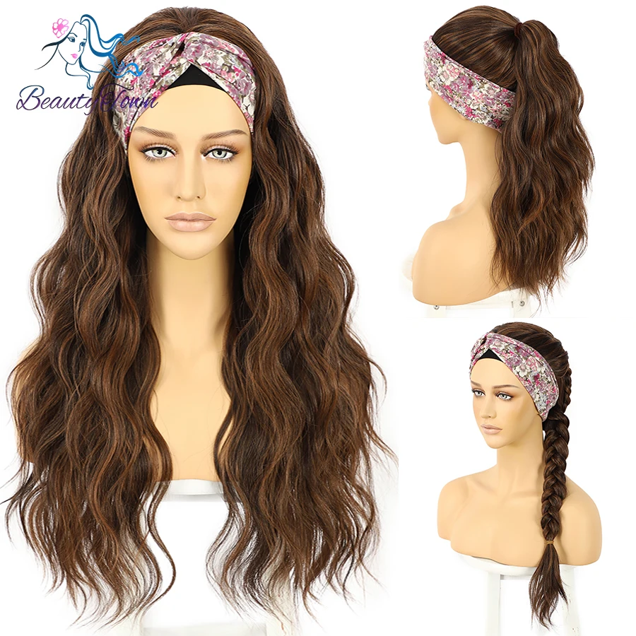 

Highlight Honey Blonde Synthetic Headband Wig Daily Wedding Cosplay Wig 26 Inches Long Brown Water Wave Wig 2 Free Bands Gifts