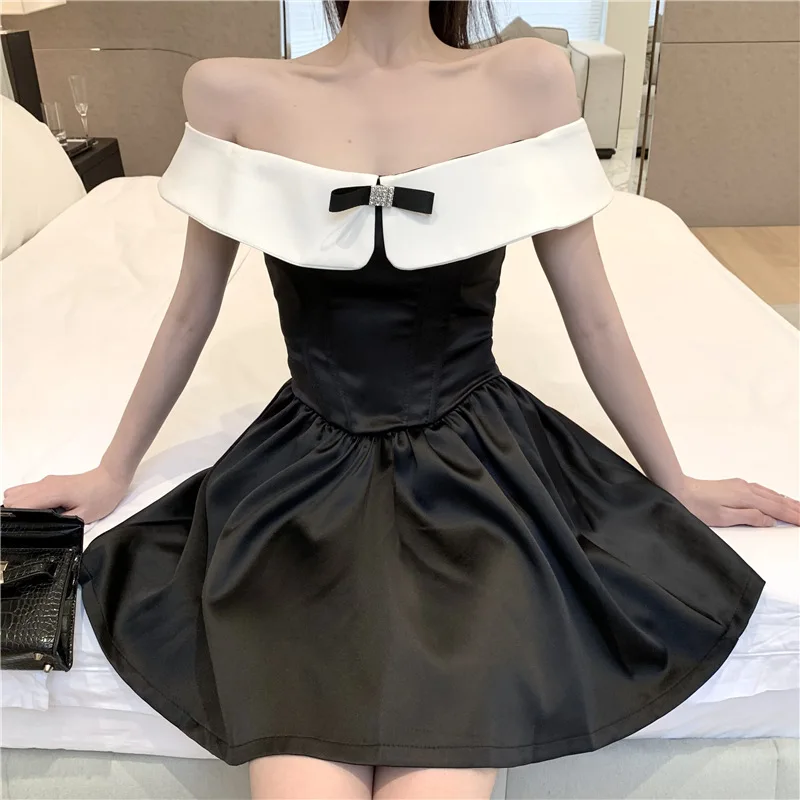 French Hepburn Style One Shoulder Dress Women Sweet Slash Neck Vintage Contrast Color Summer A-line Mini Dress Elegant Chic