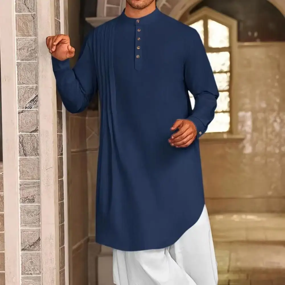 Men Robe Cotton Linen Kaftan Long Sleeve O-Neck Solid Color Button-up Collar Thobe Breathable Arabic Clothing For Prayers Wear