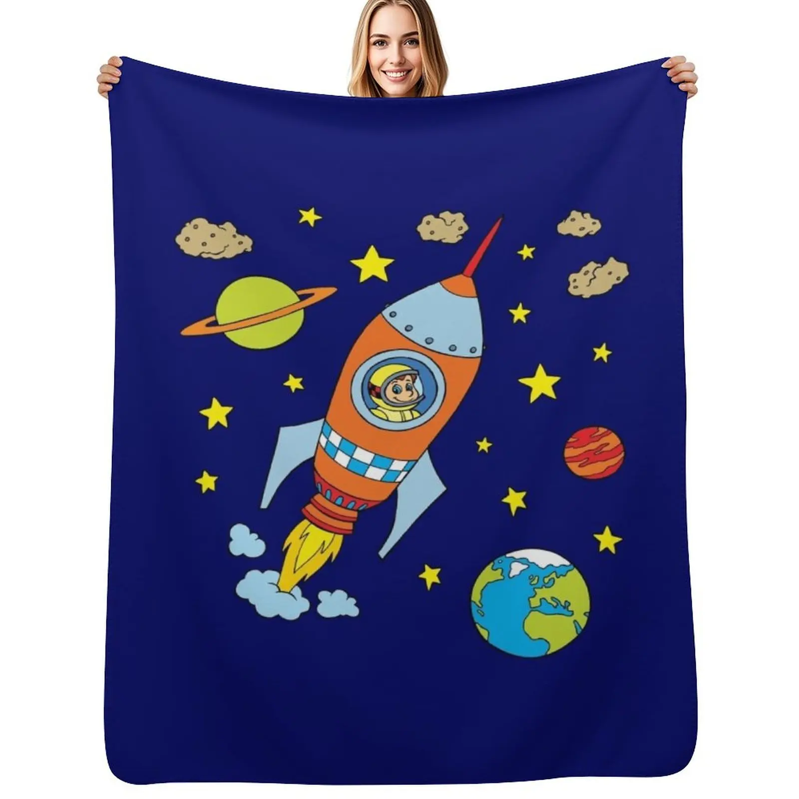 Manta con diseño de cohete espacial, cohete lunar, nave espacial, astronauta, manta elegante y cálida para sala de estar y dormitorio