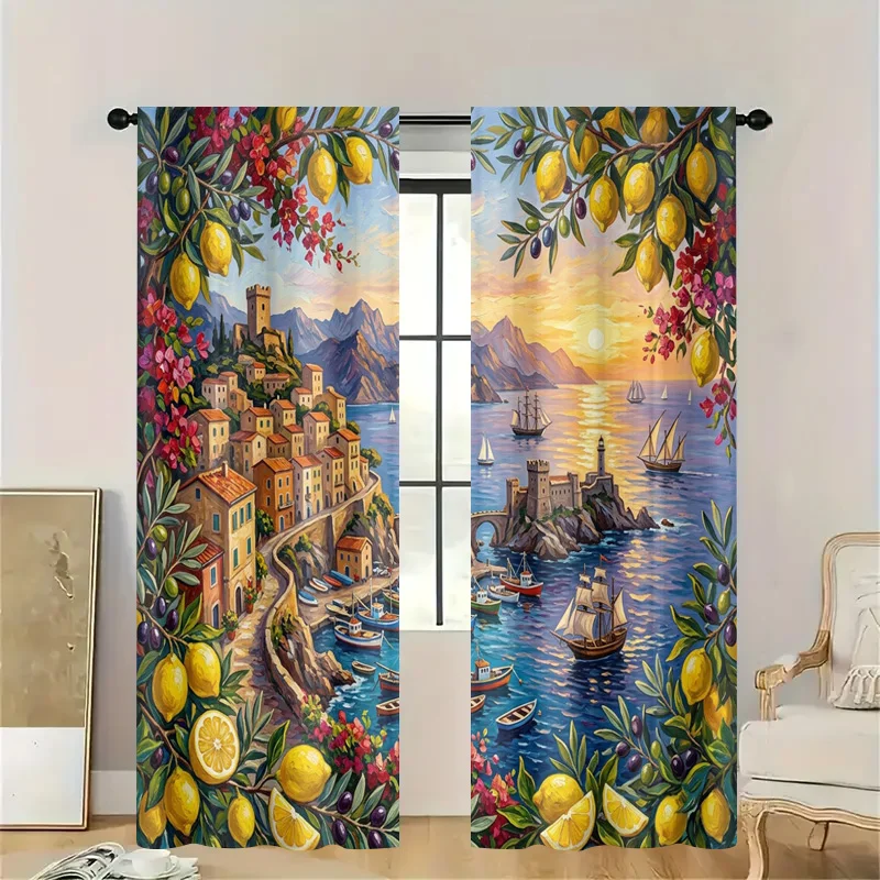 Elegant Mediterranean Lemon Tree Curtains Italian Coastal Seaside Window Decor Summer Beach Print Filtered Light Shower Curtain