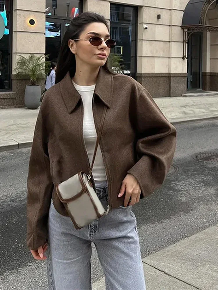 Vintage Brown Woolen Jacket For Women Loose Laple Long Sleeve Zipper Thicken Female Coats 2025 Spring Autumn New Lady Outwears