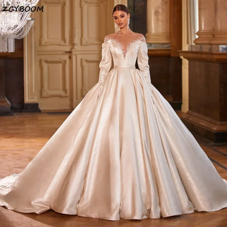 Customized Elegant Long Sleeves Wedding Dresses 2026 Satin Sparkly Beading Bride Gowns Illusion Buttons Back Vestidos De Novia