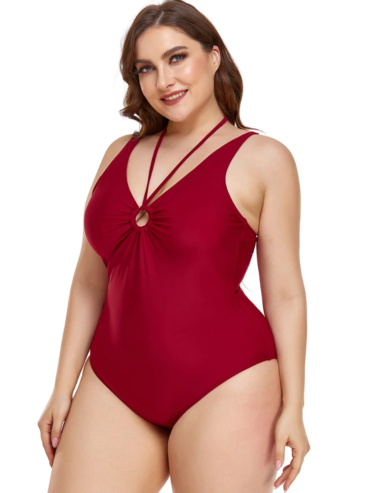 Plus Size One-Piece Swimsuit Women's 2023 Tankini Halter Deep-V Neck Sexy Swimwear Solid Color Bathing Suit Push Up Bikini Beach