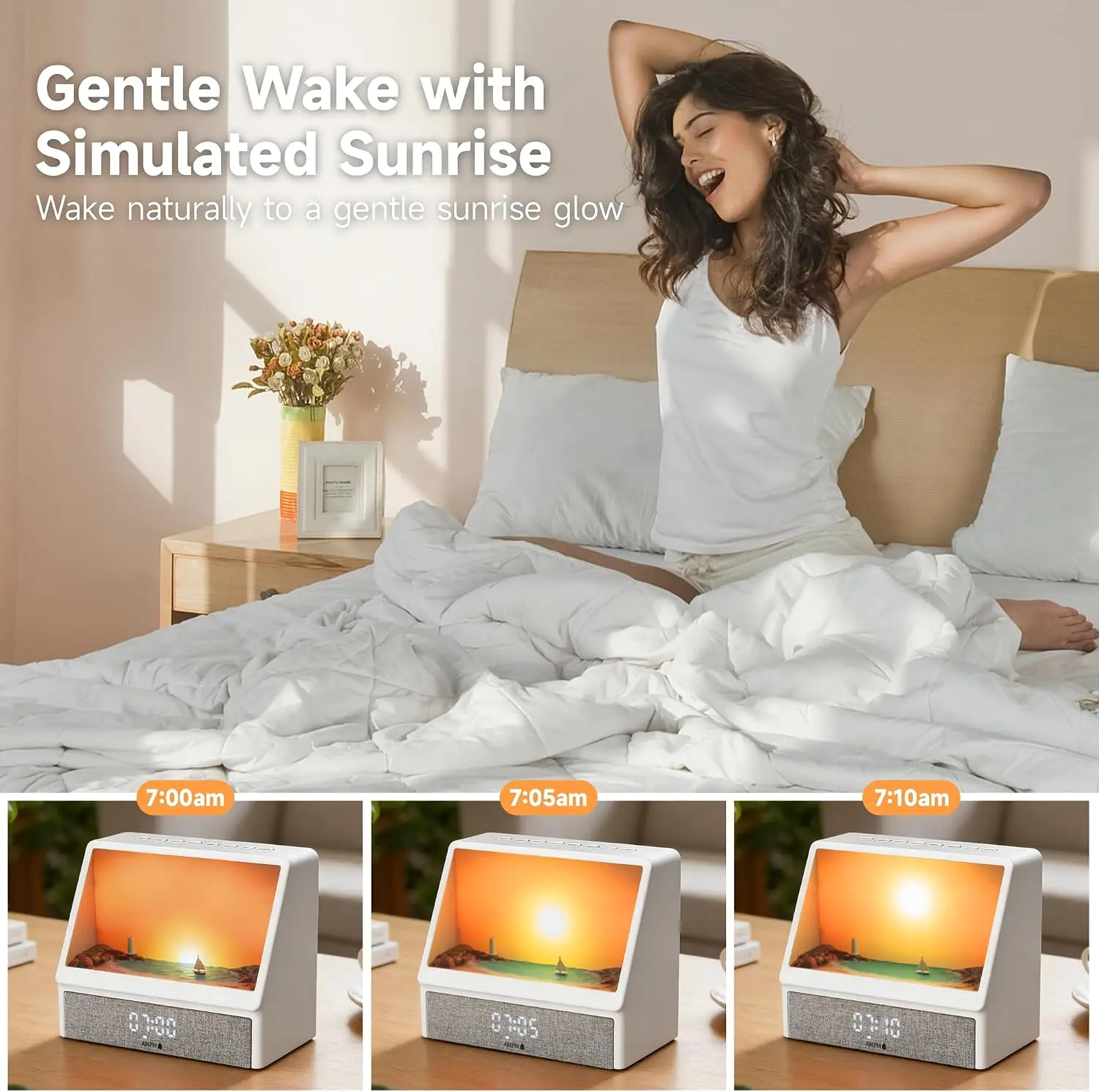 Sunrise Wake Up Light Alarm Clock 12 Soothing Sounds Snooze 12/24H Display Power Adapter Gift Adults Teens Father Day
