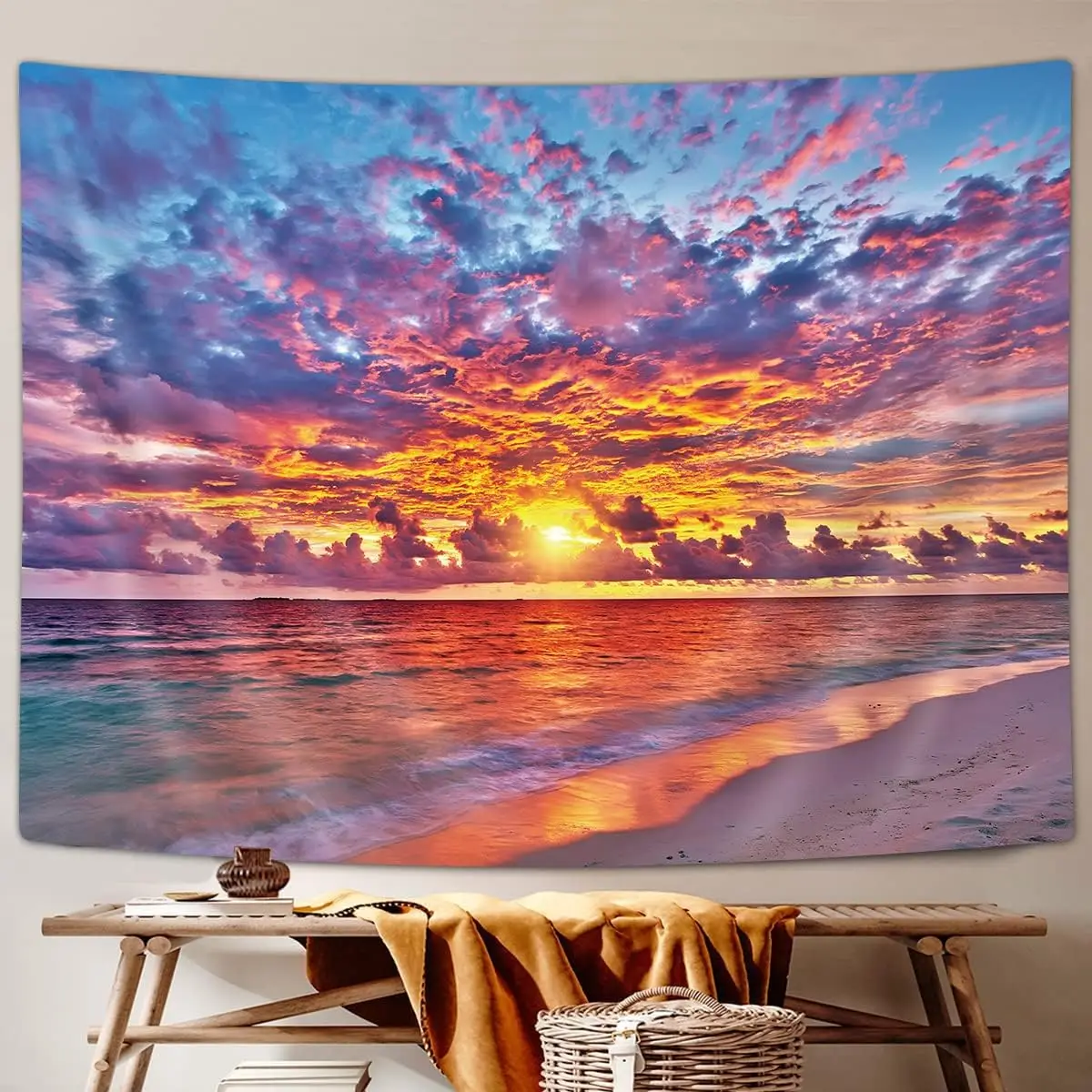 Vibrant Sunset Beach Tapestry, Colorful Ocean Wave Coastal Landscape Wall Hanging for Bedroom Living Room, Aesthetic Home Decor