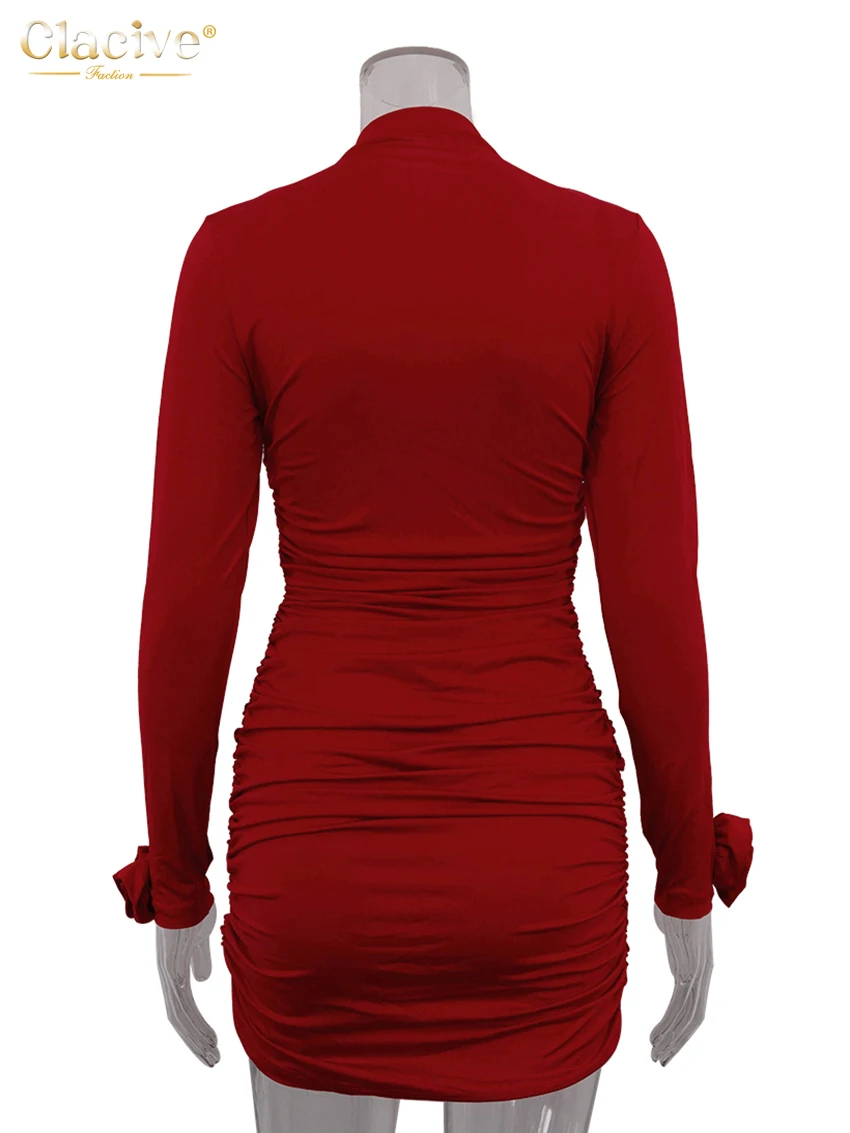 Clacive bodycon rot gestricktes Damen kleid 2024 Mode Stand kragen Langarm Mini kleider elegantes klassisches gerafftes Damen kleid