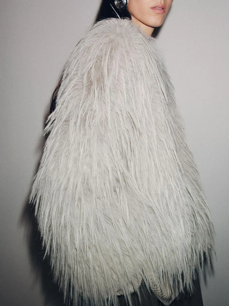 

Ele Faionable Artificial Fur Effect Coat New Autumn Women's Outerwear Long Sve Stand Fit Ladies' ort Jaet
