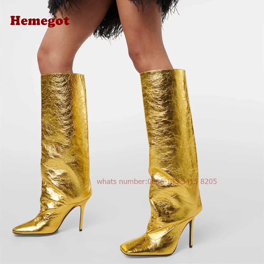 

Gold Metallic Thin Heels Boots Square Toe Knee High Stiletto Women's Boots Glossy Slip On Winter Runway Shoes Large Size Sexy