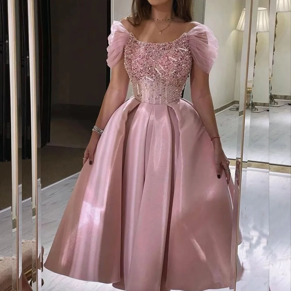 

Luxury Evening Dresses High Quality Strapless Short Sleeve Formal Prom Dress Beading A-Line Wedding Guest Party Gowns Customized
