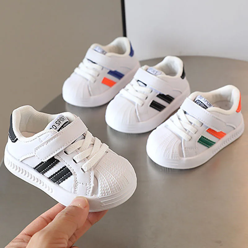 Childrens White Sneakers Toddlers Girls Boys Leather Upper Anti Slip Breathable Casual Board Shoes Kids 2-6Y Toddler Flats Shoes