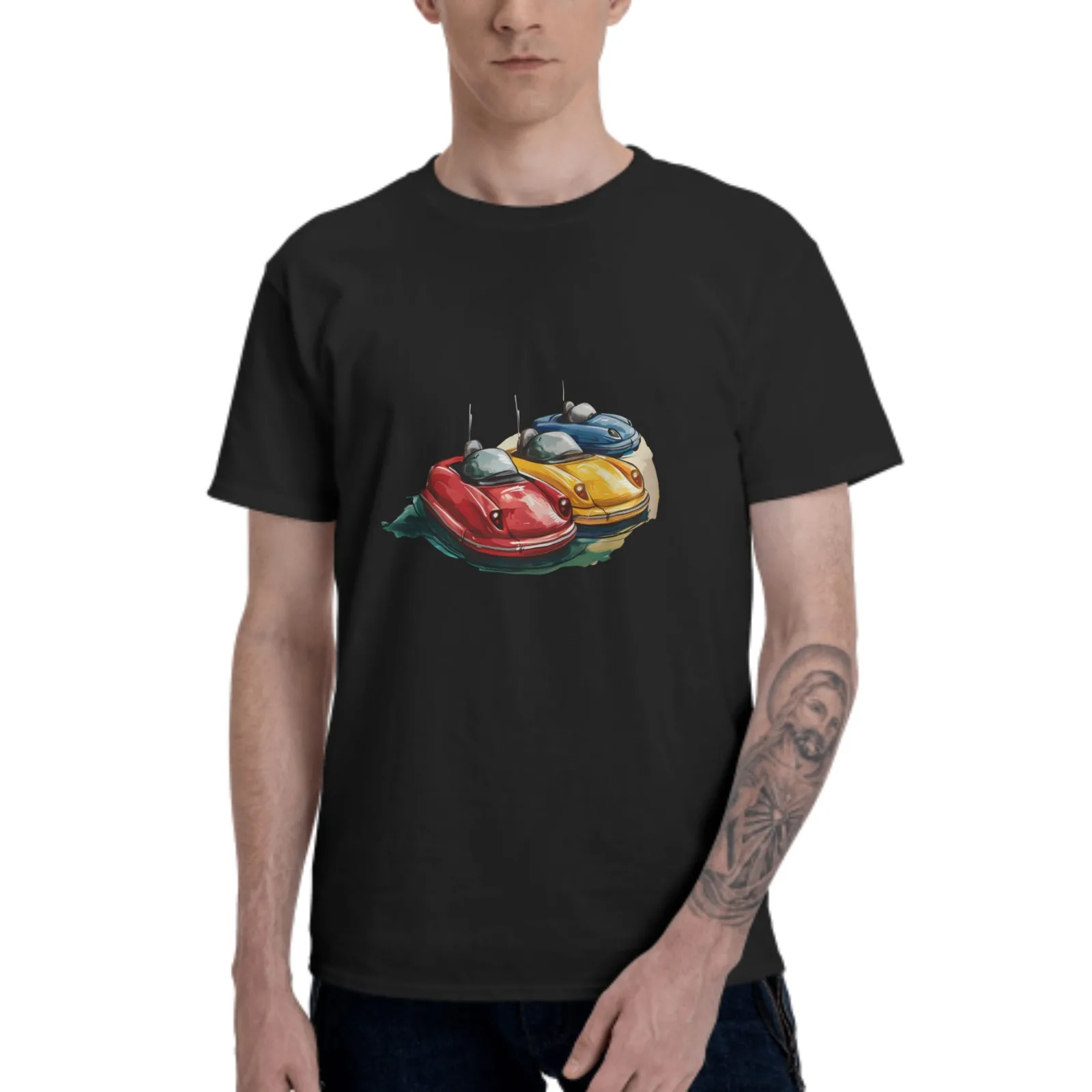 Three Bumper Cars Men T shirt Cotton Casual Tees Summer Beach Style Streetwear Short Sleeve Oversized Tee Clothing Breathable