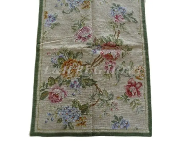 Free shipping 2.5'x12' Runner Handmade Floral English Garden Blue Roses Wool Needlepoint Rug