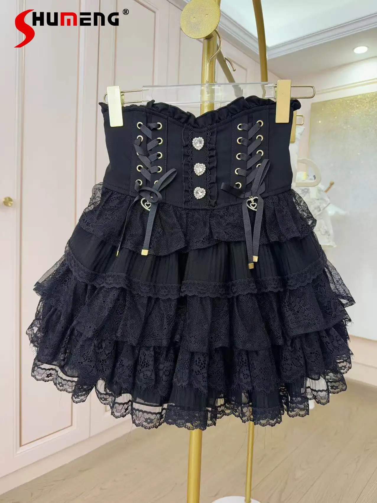 

2026 Summer Japanese Style LIZ Sweet Cute Lace Skirt High Waist Lace-up Bow Heart Buckle Versatile Lolita Short Skirts For Women