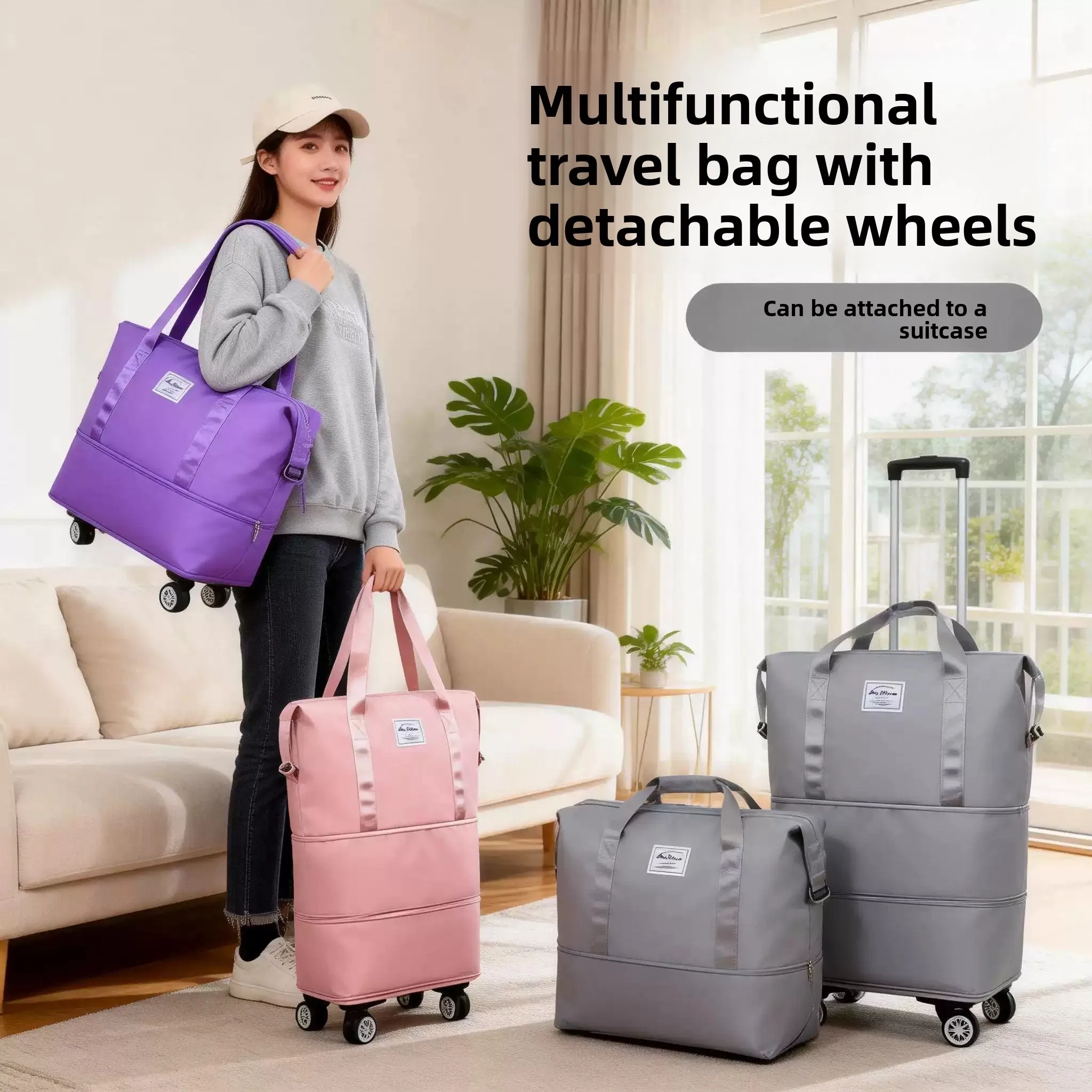 large-capacity-lightweight-travel-bag-women's-foldable-pull-rod-shopping-bag-with-wheels-nylon-material-double-shoulder-strap