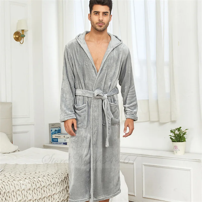 Winter Thicken Flannel Men\'s Long Robe Hooded Kimono Bathrobe Gown Warm Coral Fleece Sleepwear Lounge Wear Loose Home Clothes