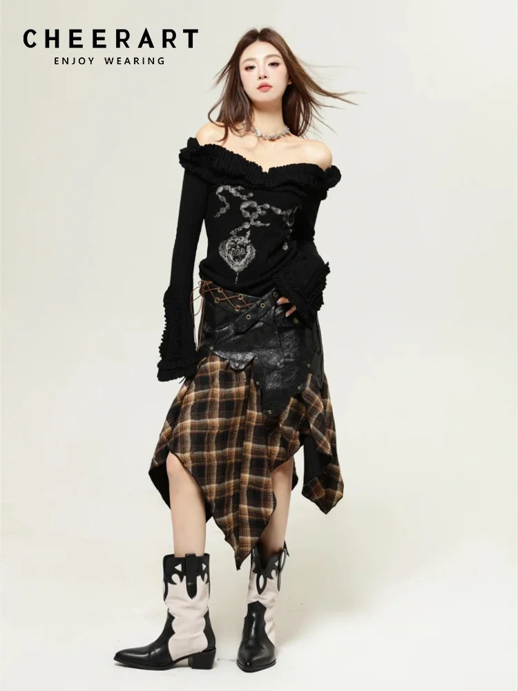 

CHEERART Punk Vintage Plaid Asymmetrical Skirt For Woman Patchwork High Waist Skirt 2024 Women Trending Fashion