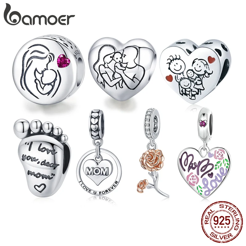 BAMOER 925 Sterling Silver Family Maternal Love Charm Baby Feet Bead Mom Heart Pendant for Original Bracelet Bangle DIY Jewelry