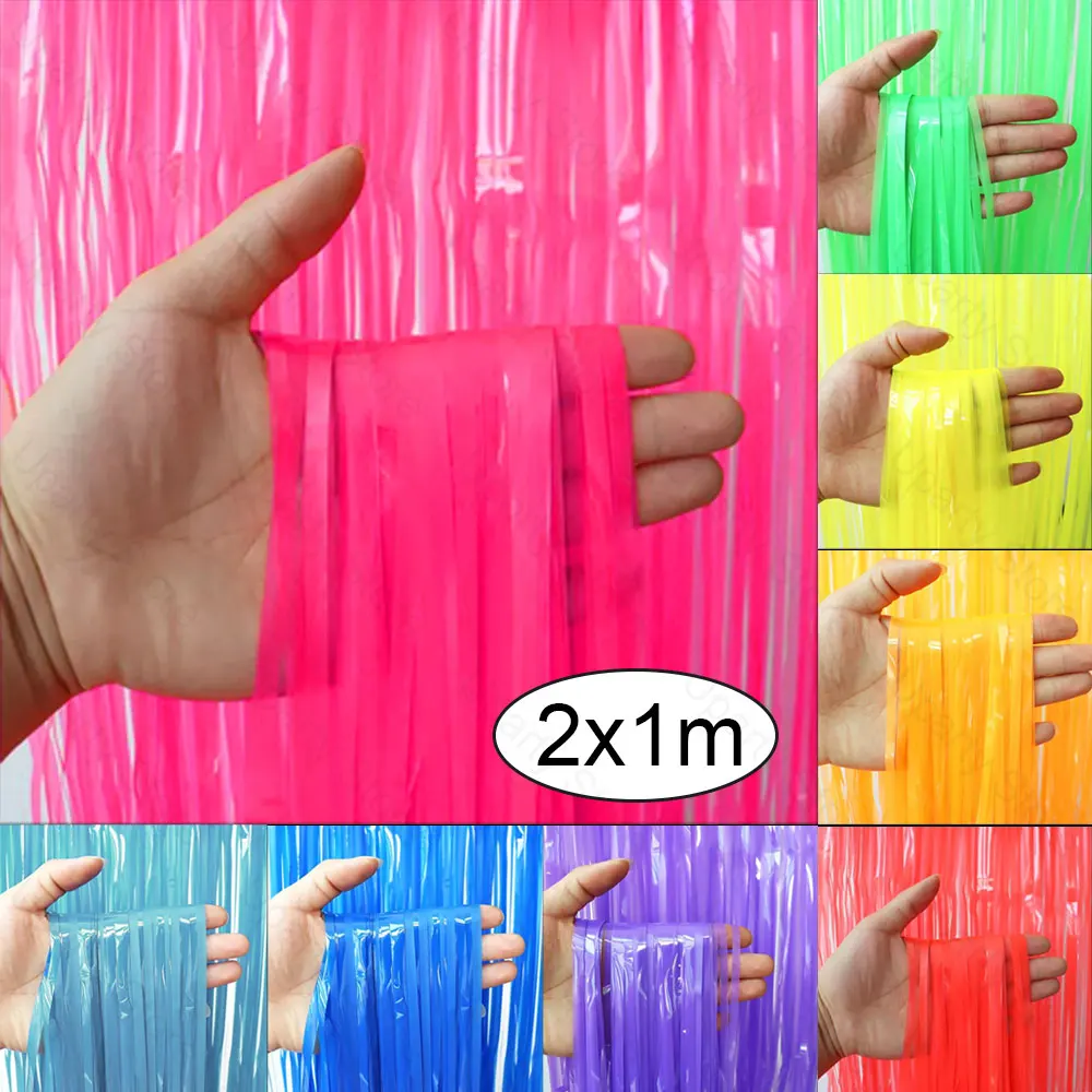 2X1M Neon Foil Tassel Curtain Yellow Orange Green Hot Pink Neon Shimmer Fringe Curtains for Neon Birthday Backdrop Decoration