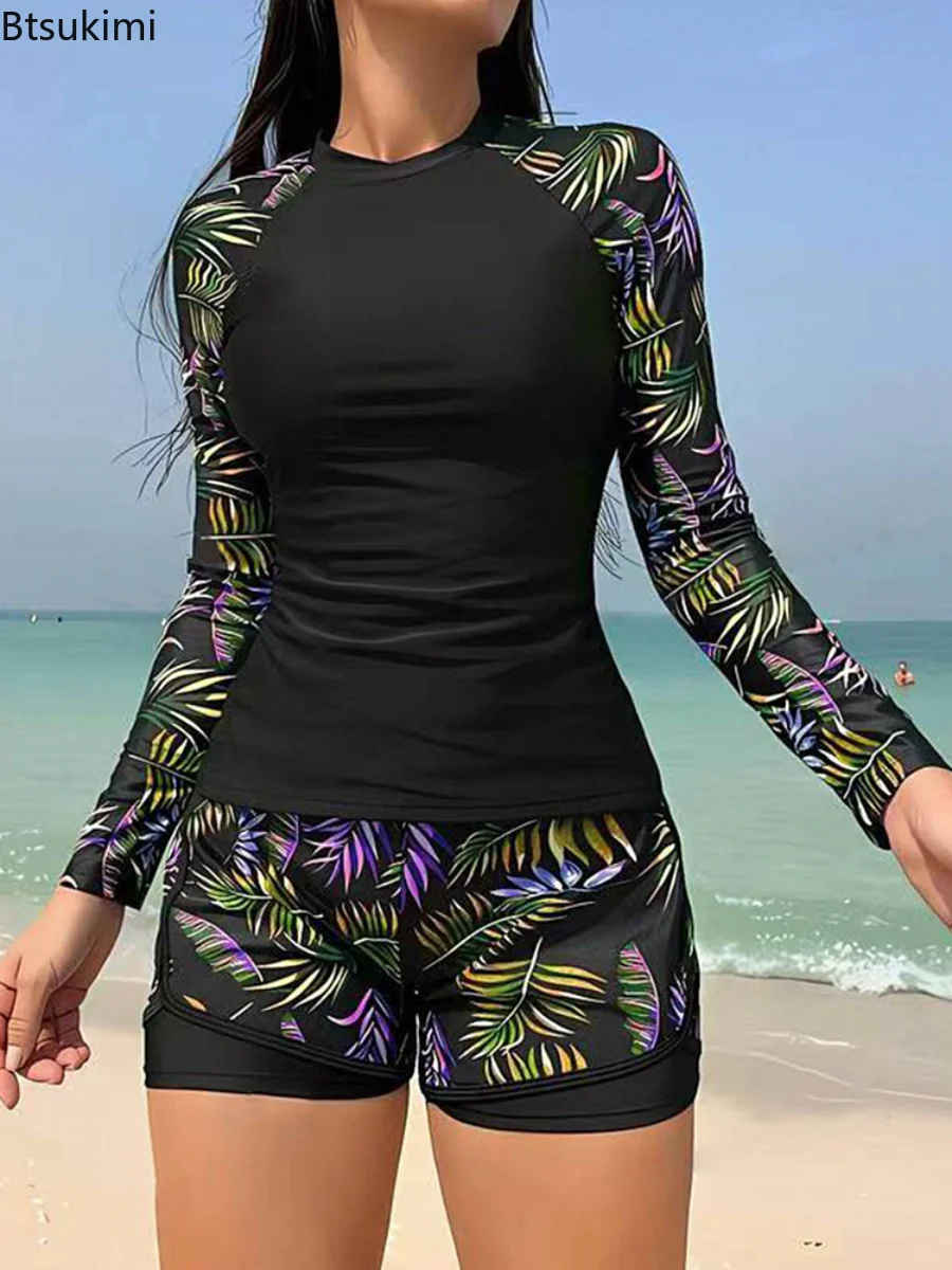 New 2025 Women's Vintage Print Swimsuit Rash Guards Long Sleeve Swimwear Surfing Sports Pool Swimming Suit Two-Piece Bath Suits
