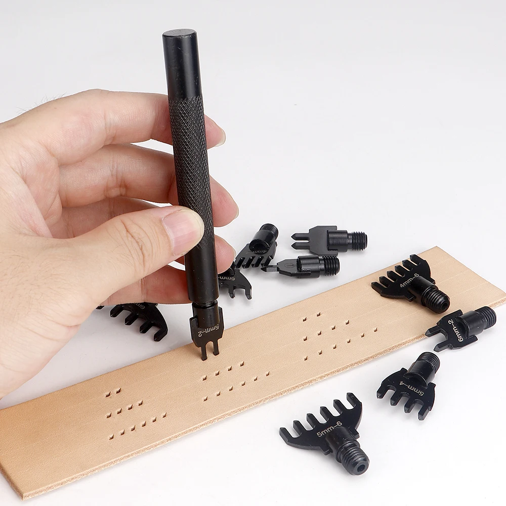 4/5/6mm  Leather Craft Punching Tool Set, Interchangeable Head Leather Stitching Hole Punch Kit (2/4/6 Teeth)