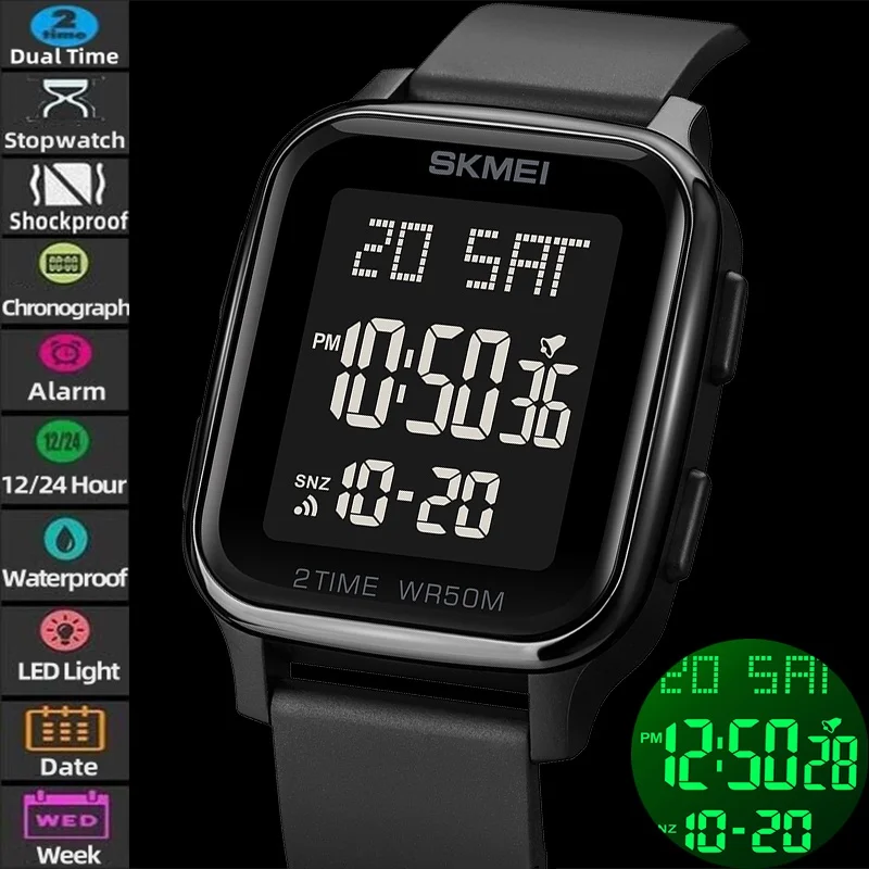 Skmei Mens Digital Watches PU Strap 50m Waterproof Swimming Sports Chronograph Fashion LED Light 12 24 Hour Display Dual Time