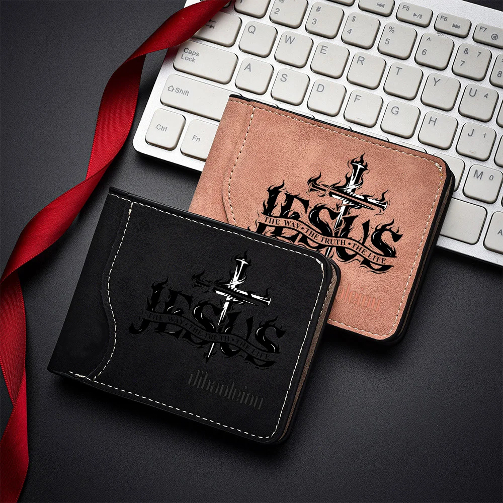Men's PU Leather Bifold Wallet with Jesus Cross Print Credit Card Holder Fashionable