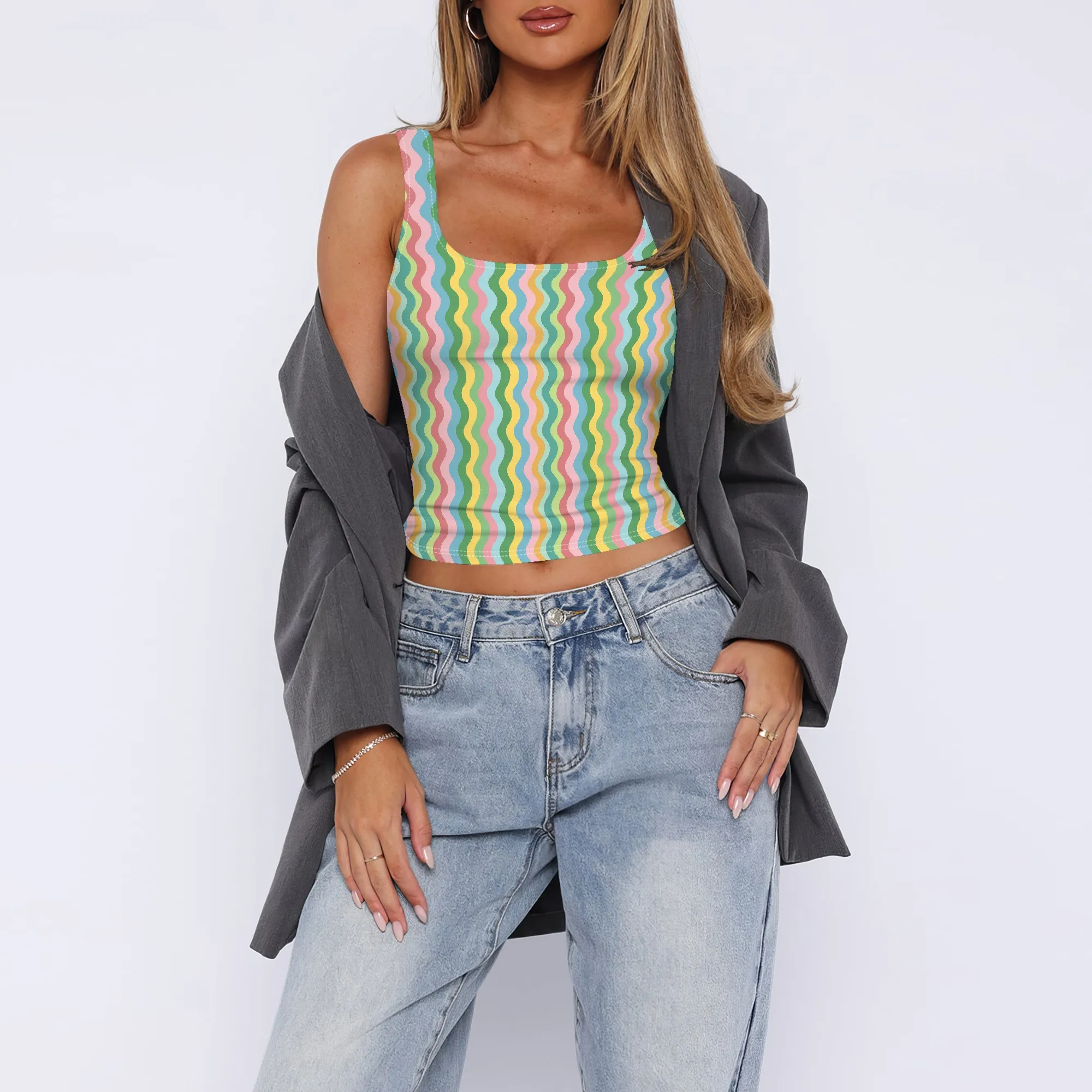 Canotta da donna senza maniche con scollo quadrato Top corto basic a doppio strato Top casual da allenamento fitness estivo