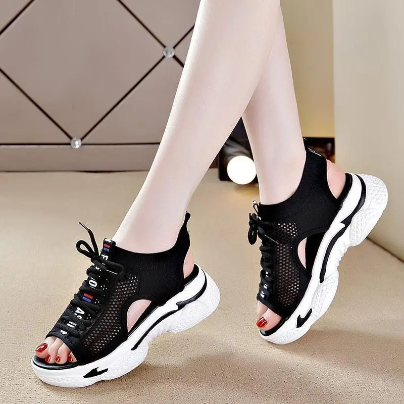 Women's Sports Sandals 2026 Summer New Hollow Flat Bottom Tide Soft Sole Versatile Thick Sole Muffin Casual Fish Mouth Shoes - view 3