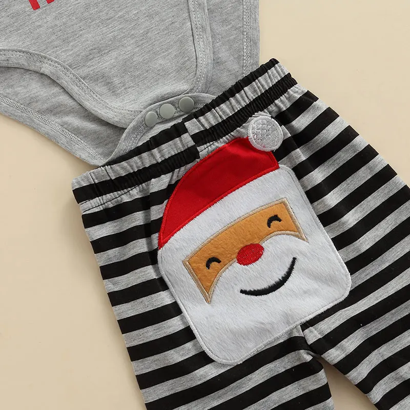 

Christmas Themed Unisex Baby Outfit Long Sleeve Romper with Letter Print and Striped Patchwork Trousers for Festive Season