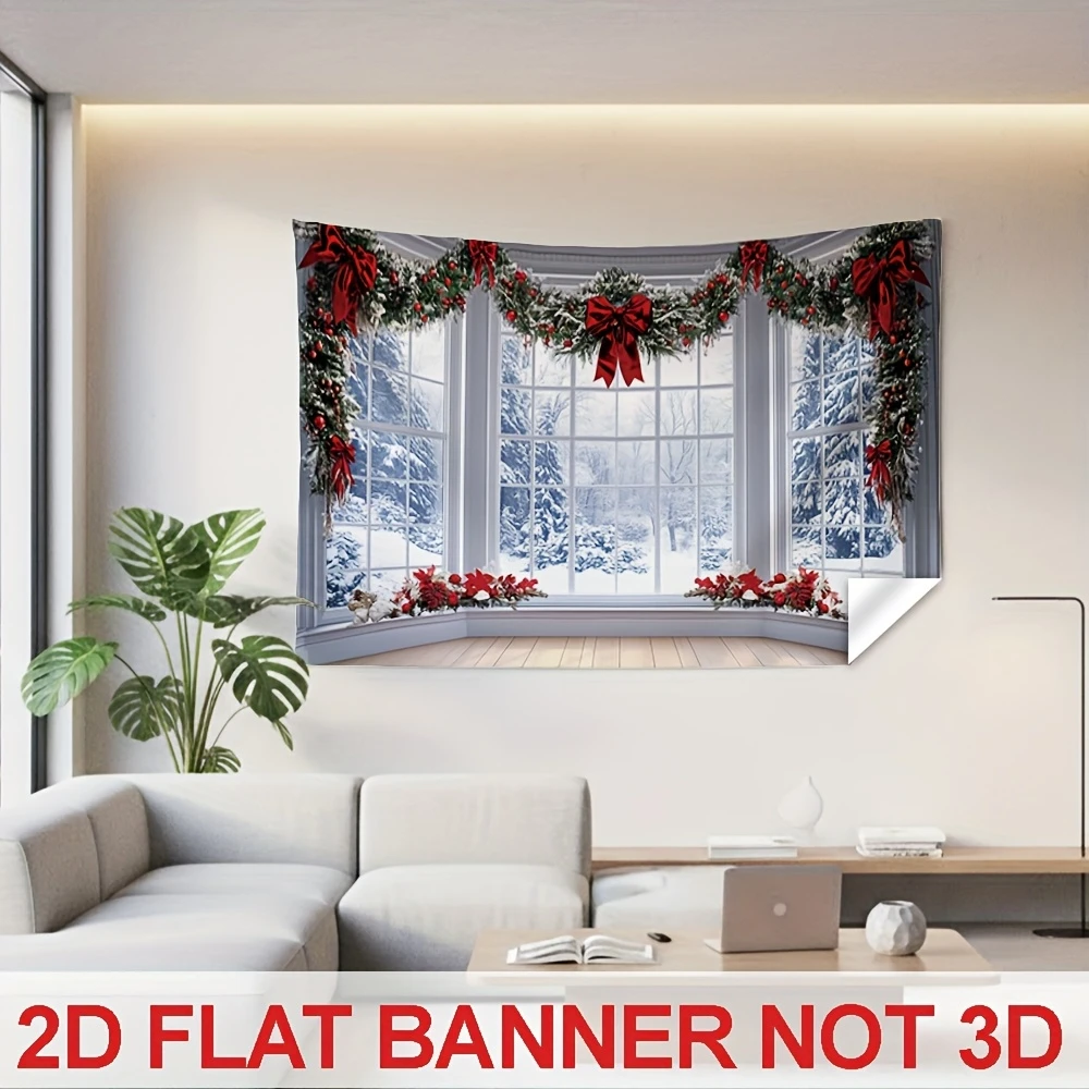 1PC Christmas Christmas Window Snow Pine Wreath Bow Print Backdrop Banner, Bedroom Living Room Kitchen Photo Background