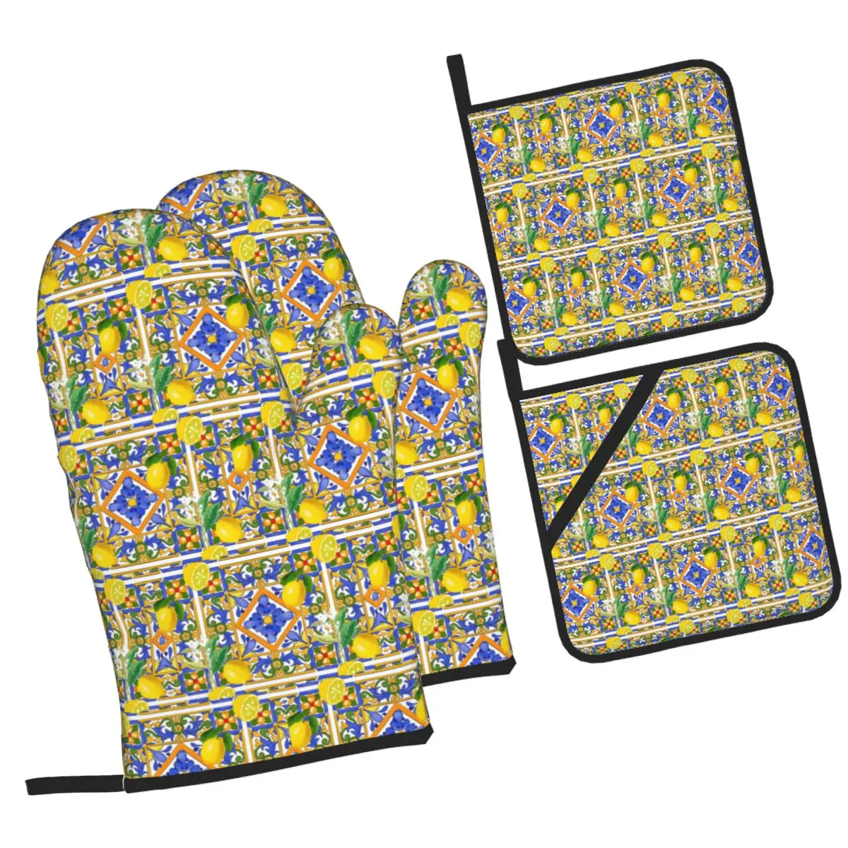 Summer ,Sicilian Tiles ,citrus,oranges Oven Mitts and Pot Holder Sets of 4 for Baking Cooking BBQ Resistant Non-Slip Gloves