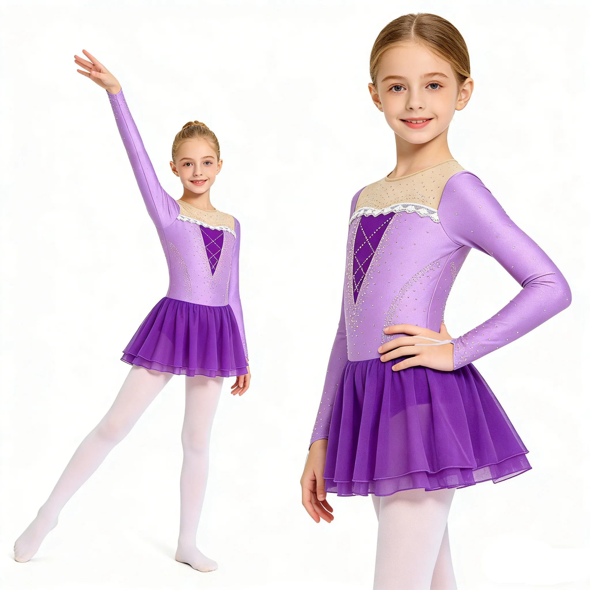 6-16Y Girls Princess Figure Skating Dance Dress Long Sleeve Rhinestones Mesh Leotard Dresses for Ballet Gymnastics Acrobatics