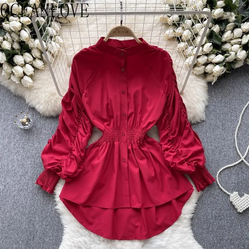 

OCEANLOVE Shirts&blouses Women Tops Puff Sleeve Solid Spring Autumn Elegant Blusas Mujer Korean Fashion Stand Collar Camisas