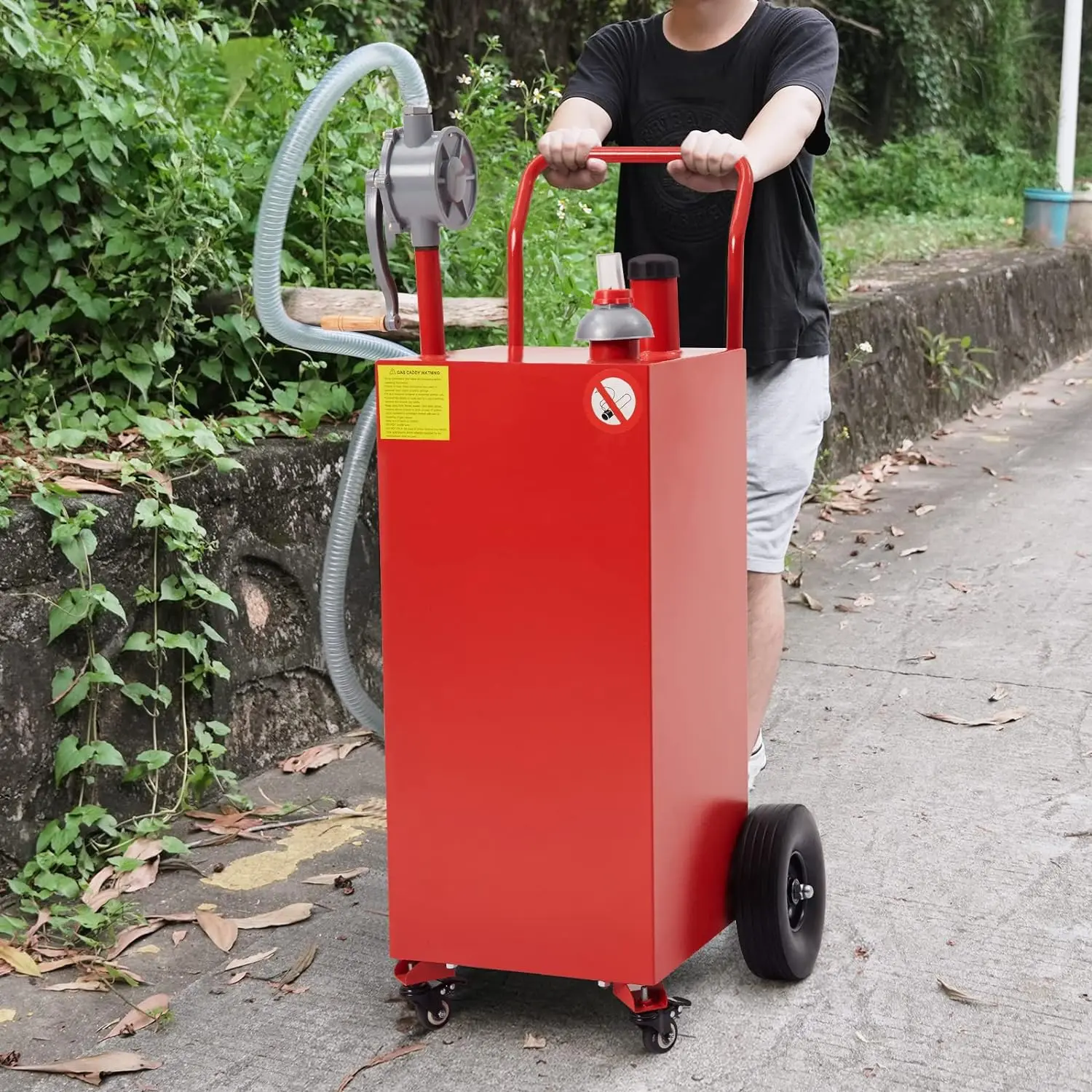 30 Gallon Protable Gas Caddy With Manual Transfer Pump, Fuel Storage Tank & 4 Wheels Gasoline Diesel Fuel For Mowers Tractors