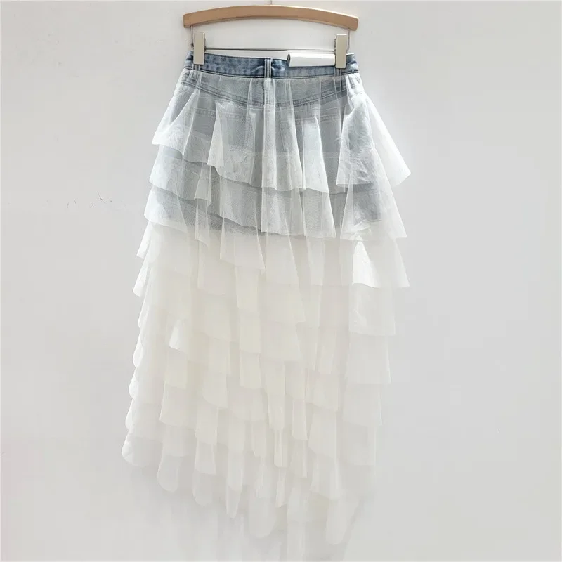 Mesh Stitching Fairy Cake Denim Skirt Female Summer 2025 Age-reducing Spice Girl High Waist Slim Fashion Short Skirts for Women