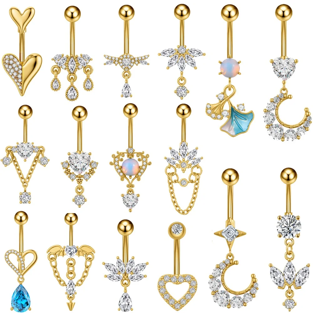 Piercings de nombril mixtes pour femmes, sexy, avec motifs fleur, cœur, chaîne, lune et anneaux courbes pour le nombril