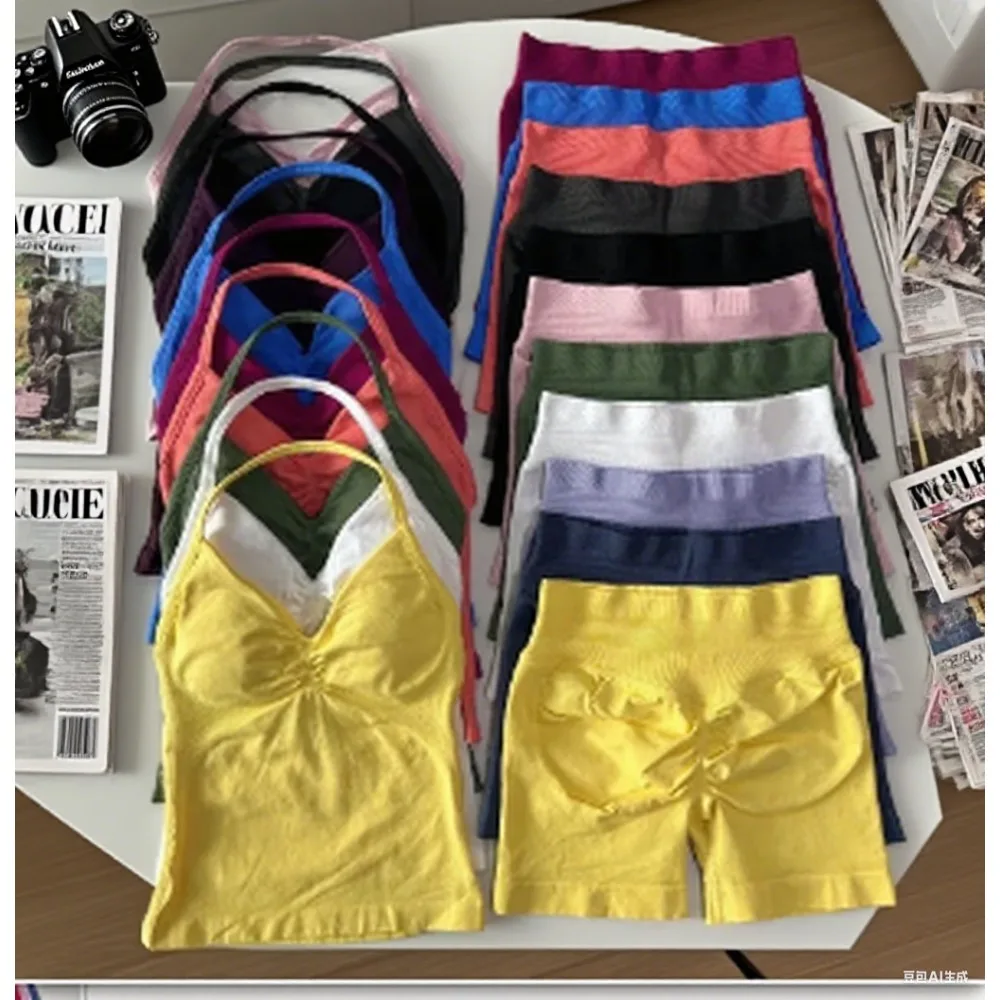

2 Pieces Women Yoga Set Seamless Impact Longline Strappy Tank Top Scrunch Sports Shorts Gym Clothes Woman Summer Workout Outfit