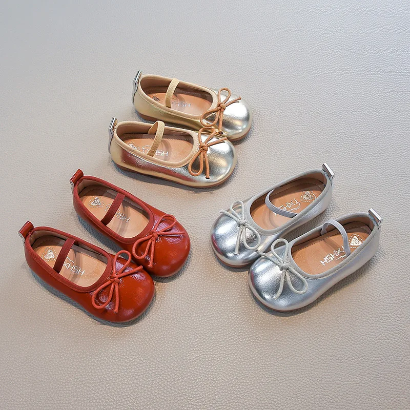 2026 New Spring Autumn Summer Girls Soft PU Leather Oxford Flats Kids Bow Leather Shoes Gold Silver Red Toddler Shoes