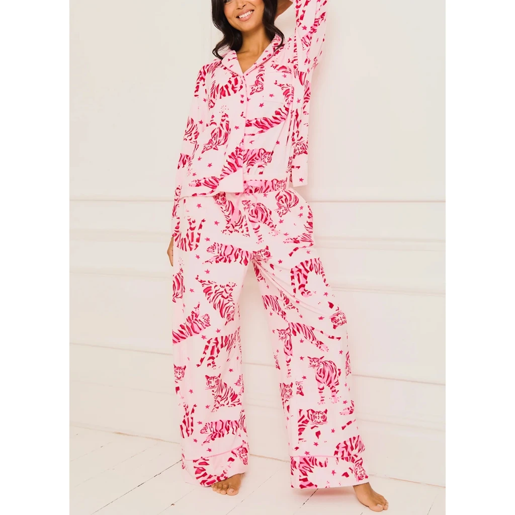 HEZIOWYUN Women's 2Piece Y2K Tiger All-over Print Loungewear Pjs Set Long Sleeve Shirt+Drawstring Waist Wide Leg Pants Sleepwear