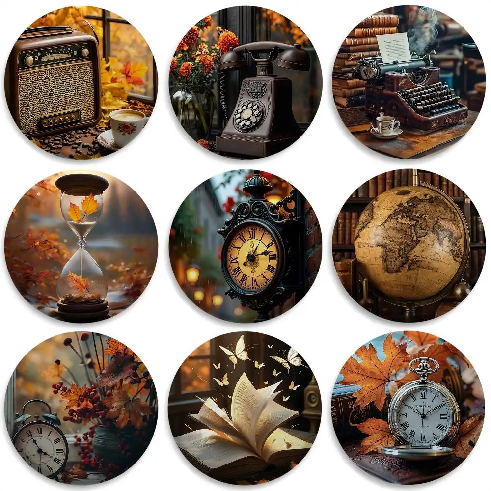 

Brown Retro Autumn Time Badges Round Exquisite Badge Brooches Creative Pins For Clothes Hat Backpack Gift Accessories