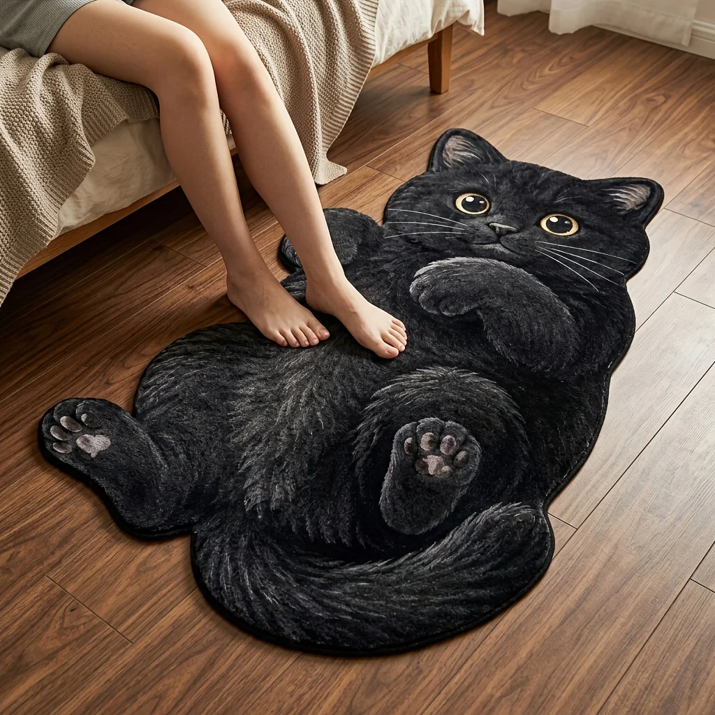Cute Lying Black Cat Shaped Rug Chubby Kitten Tufted Floor Mat Soft Non Slip Washable Area Carpet Bedroom Home Decor
